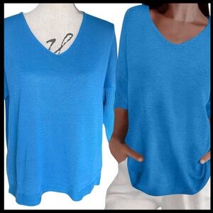 Vibrant Blue V-Neck Elbow Length Sleeve Lightweight Knit Top (L)